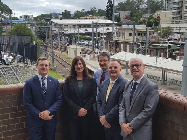 L-R Central Coast MLC Taylor Martin, Robertson federal Liberal MP Lucy Wicks, Central Coast Parliamentary Secretary Scot MacDonald, Terrigal state Liberal MP Adam Crouch and Gosford/Erina Chamber of Commerce President Rod Dever at today’s announcement.