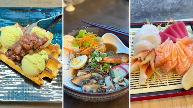Yunnie Lee has opened a new Japanese restaurant Susumu Fusion Cuisine. These are just some of the meals on the menu: (from left) matcha ice cream and waffles with red beans, mix seafood soba soup and a range of fresh sea food.