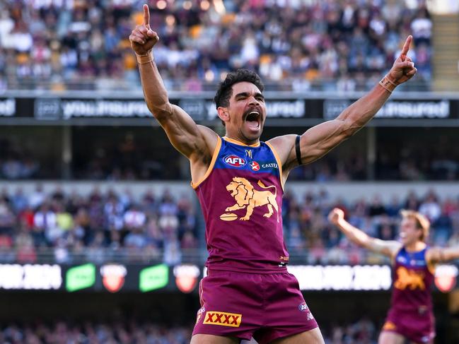 BRISBANE, AUSTRALIA - JULY 21: Charlie Cameron of the Lions celebrates kicking a goal during the round 19 AFL match between Brisbane Lions and Sydney Swans at The Gabba, on July 21, 2024, in Brisbane, Australia. (Photo by Albert Perez/Getty Images)