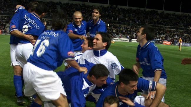 The Blue Eagles and Modbury Jets stand alone grand final in 2000 drew 8355 fans to Hindmarsh Stadium. Blue Eagles celebrate a late Michael Brooks’ goal in a 2-1 win.