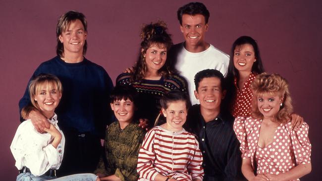 The 1989 cast of Home and Away with Emily Symons (Marilyn) on the right. Picture: Supplied.