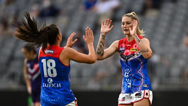 Tayla Harris is in a good place again. Photo by Daniel Carson/AFL Photos via Getty Images