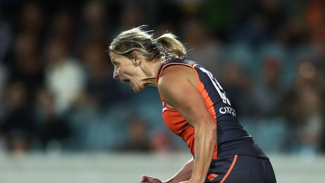 CANBERRA, AUSTRALIA - MARCH 15: Cora Staunton of the Giants celebrates a goal during the AFL round seven match between the Greater Western Sydney Giants and the Geelong Cats at on March 15, 2019 in Canberra, Australia. (Photo by Matt King/Getty Images)