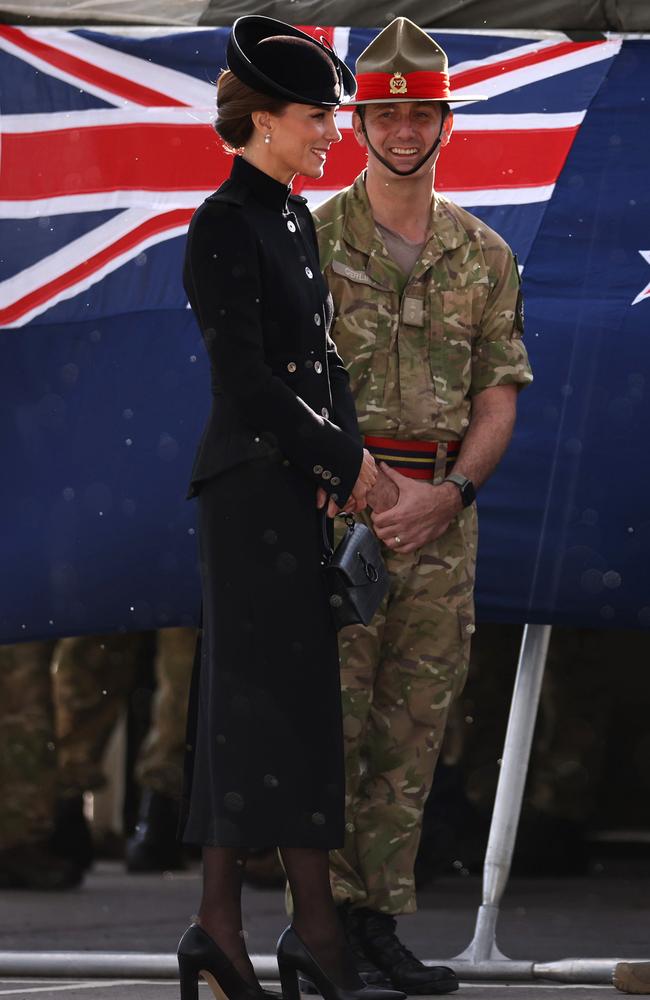 Catherine, Princess of Wales meets with military personnel during a visit to Army Training Centre Pirbright in Guildford, England. Picture: Getty Images.