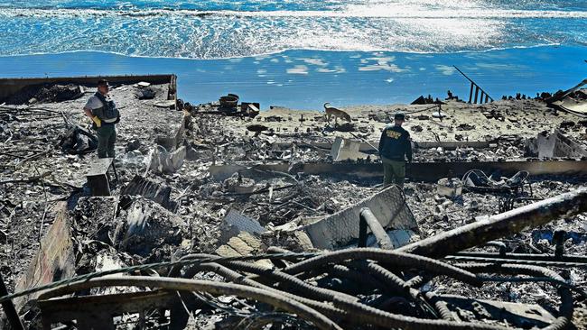 A cadaver dog, from the Los Angeles County Sheriff, sniffs through the rubble of beachfront properties destroyed by the Palisades Fire along Pacific Coast Highway in Malibu, California, on January 12, 2025. Picture: AFP