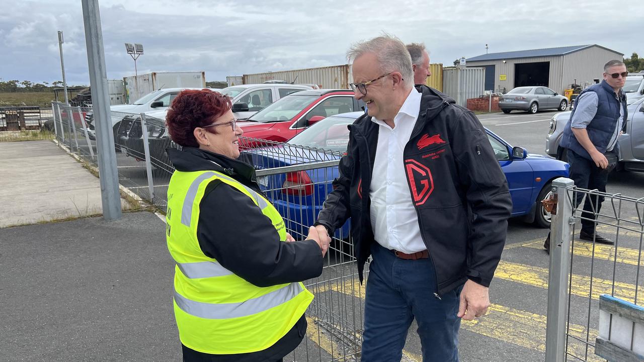 Senator Anne Urquhart greets Prime Minister Anthony Albanese at the Tassal salmon farm in Strahan Tasmania. Picture: Simon McGuire