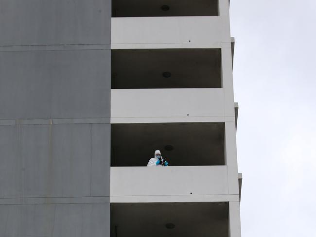 Forensic officers on the seventh-floor balcony that Ms Dahal plunged from. Picture: NewsWire/Gaye Gerard