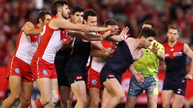 Sydney players react after Tom Bugg’s strike on Callum Mills. Picture: Michael Klein