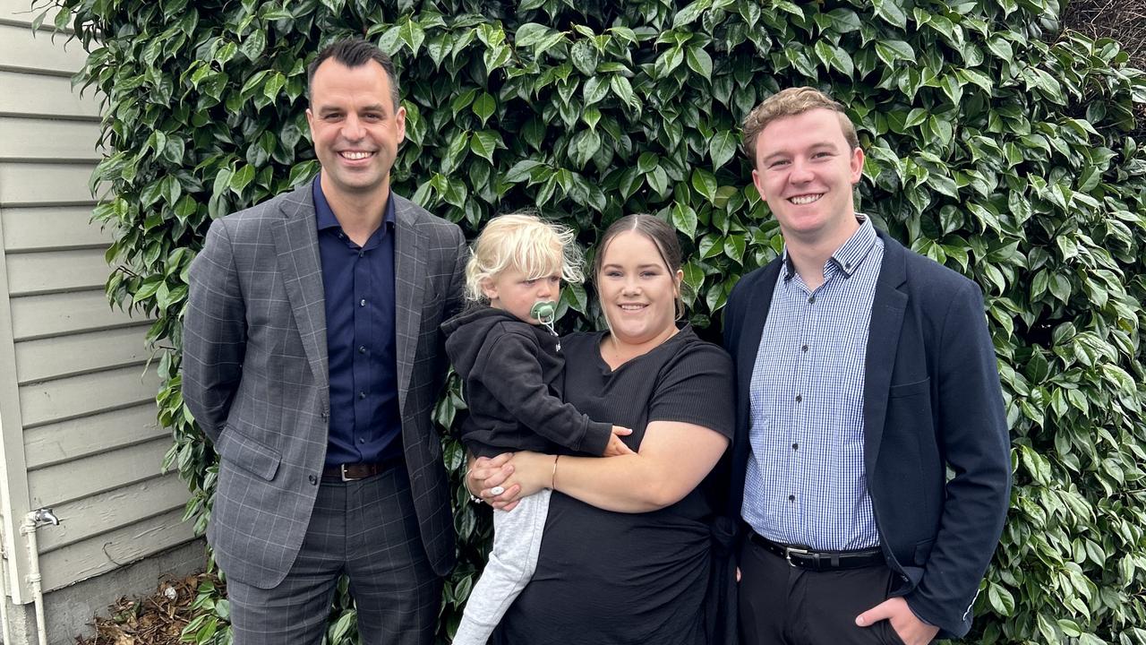 From left, Labor education spokesman Josh Willie, Geeveston mum Gabby Noye and her son Brock, and Labor candidate for Franklin Toby Thorpe. Picture: Supplied