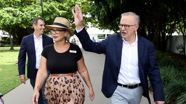 Albanese with Shadow Treasurer Jim Chalmers and Labor candidate for Leichhardt, Elida Faith in Cairns. Picture: Toby Zerna