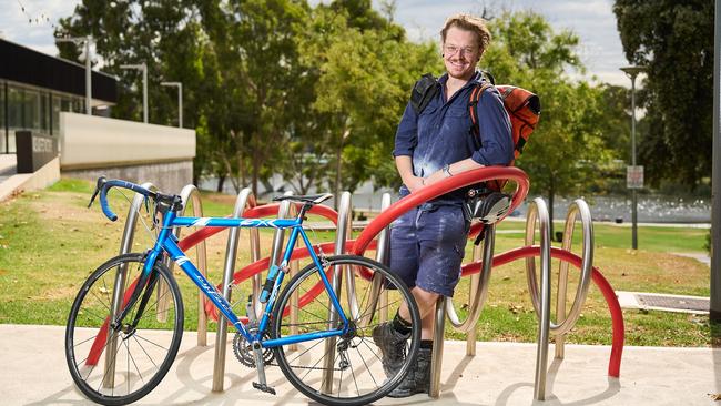 Cyclist David Apps with Motion, the bike art installation. Picture: Matt Loxton