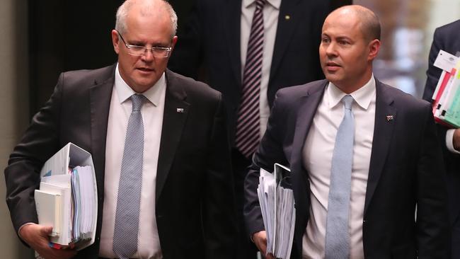 Scott Morrison and Josh Frydenberg arrive for Question Time yesterday. Picture: Kym Smith