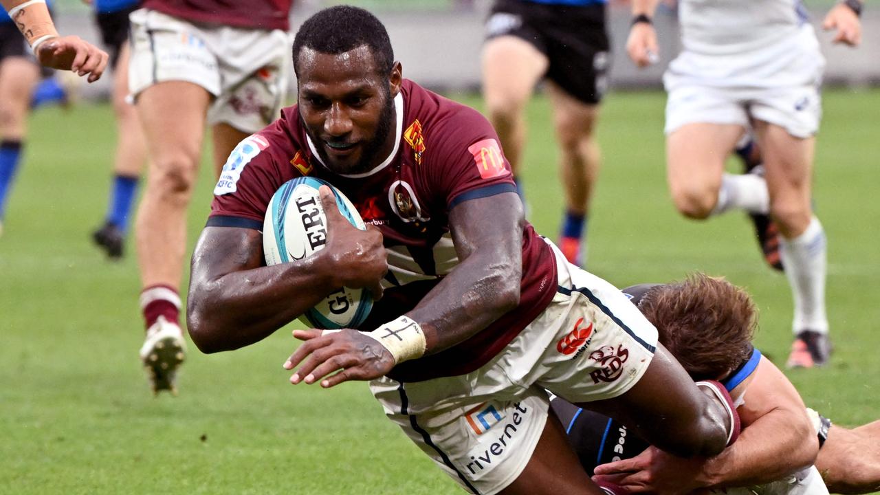 Suliasi Vunivalu scores a try for the Reds against Western Force. Picture: William West / AFP