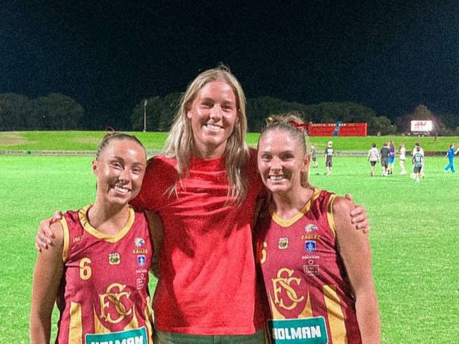 Former Swans Paige Sheppard (left) and Lisa Steane (right) are loving life at Subiaco this season. Lisa moved to Perth to support partner Bella Smith (middle) at Fremantle. Pic: Lisa Steane Instagram