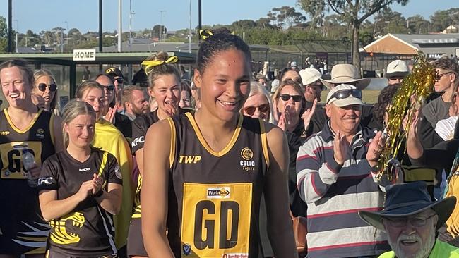 Indya Forde was judged best on court in the GFNL A Grade netball grand final. Picture: Ben Cameron