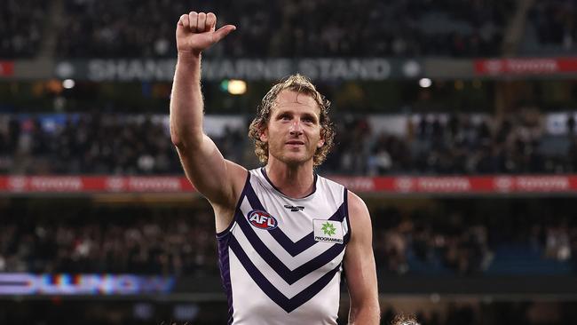 David Mundy of the Dockers gets chaired off the MCG after his final game before retirement . Picture by Michael Klein