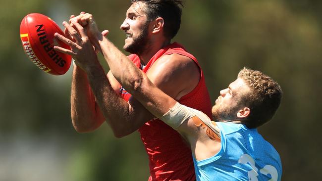 Ed Vickers-Willis spoils Jarrad Waite at Kangaroos training.