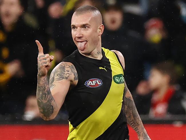 MELBOURNE - July 6 : AFL.  Richmonds Dustin Martin  celebrates a 4th quarter goal sealing the win during the round 17 AFL match between Richmond and Sydney Swans at the MCG on July 6, 2023.  Photo by Michael Klein.