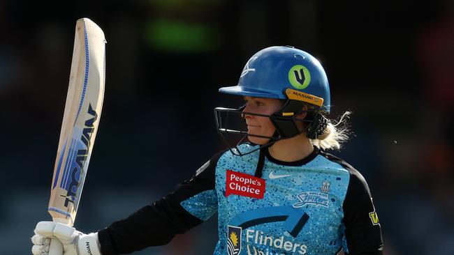 PERTH, AUSTRALIA - NOVEMBER 03: Katie Mack of the Strikers celebrates after reaching her half century during the WBBL match between Adelaide Strikers and Sydney Sixers at WACA, on November 03, 2023, in Perth, Australia. (Photo by Will Russell/Getty Images)