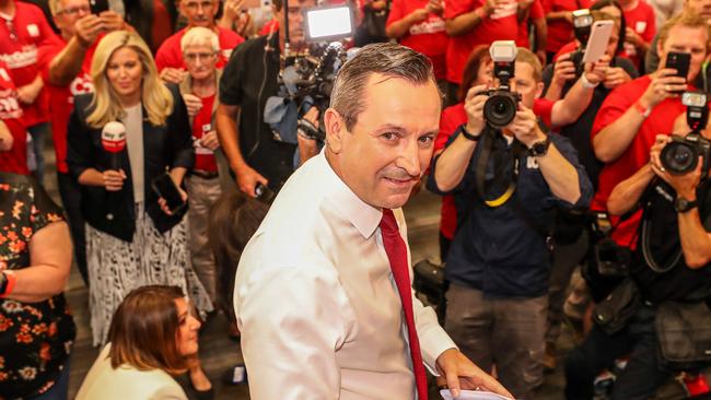 WA Premier Mark McGowan with his family celebrating his election victory. Picture: Colin Murty