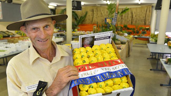 Gympie Show Fruit and Veg judge Maurice Burgess with champion Fruit and Veg. File photo.