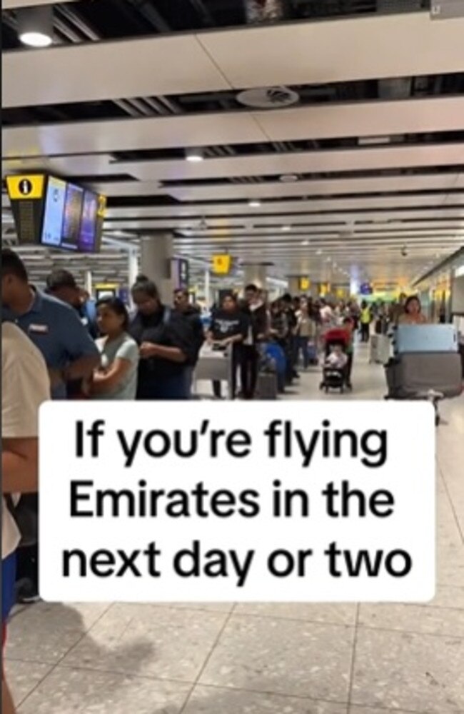 One passenger described the chaos inside the airport as ‘absolute mayhem’ as she recorded the lost luggage line. Picture: TikTok/brightlifeproject