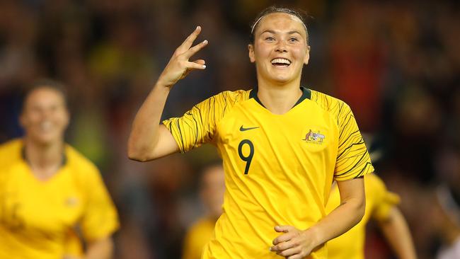 Matildas striker Caitlin Foord scored her first hat-trick for her country. Picture: Getty Images