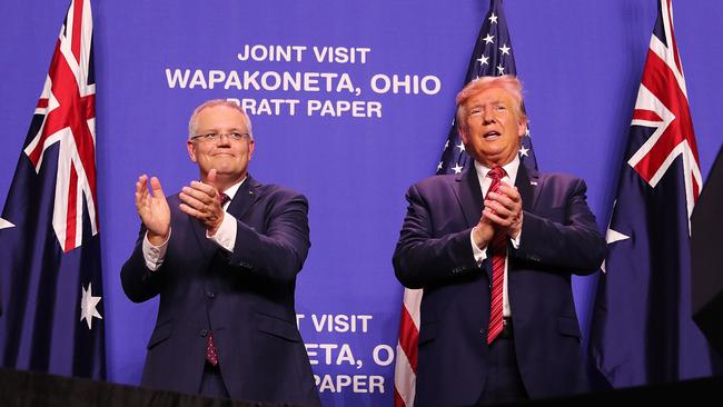 A show of hands ... Prime Minister Scott Morrison and US President Donald Trump during Mr Morrison’s US trip. Picture: Adam Taylor