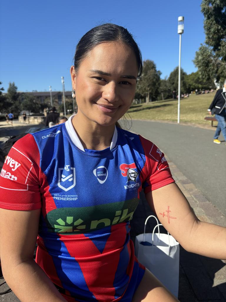 Knights hooker Nita Maynard shows off the NRLW premiership tattoo a group of players got after winning last year's grand final. Picture: Pamela Whaley