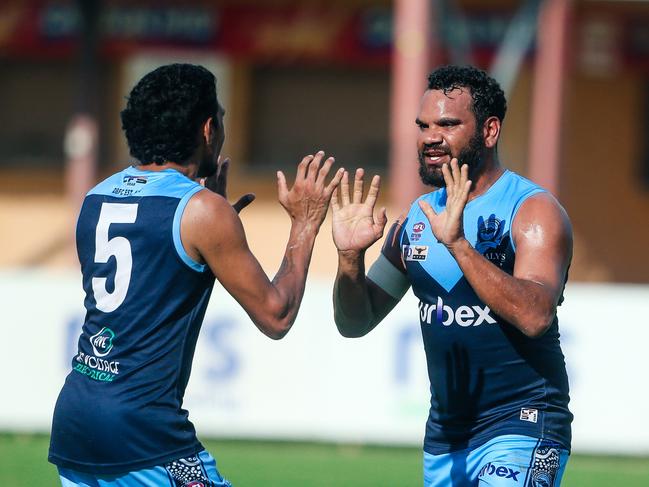 Kokwam Niki jubilant as Darwin Buffaloes V Waratahs at TIO Stadium in round 2 of the NTFL 22-23 Comp.Picture Glenn Campbell