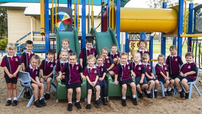 My First Year 2023: Allora State School Prep students (from left) Savannah, Xavier, Matilda, Alby, Grace, Reeves, Millie, Kai C (standing), Ryley, Elouise, Danielle, Nathaniel, Gracie, Riley, Kai M (standing), Azarlie, Hannah, William T and William C, Wednesday, February 22, 2023. Picture: Kevin Farmer