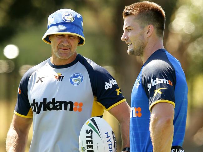 Brad Arthur and Kieran Foran talk during a Parramatta Eels training session. Picture Gregg Porteous