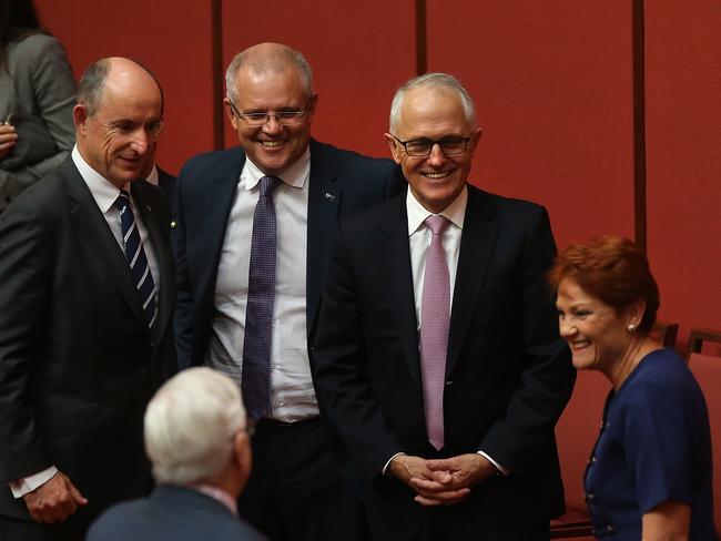 Senator Pauline Hanson talking to the PM Malcolm Turnbull in the Senate. Picture: Supplied