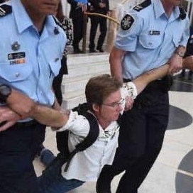 Doig at a protest at Parliament House in 2016.