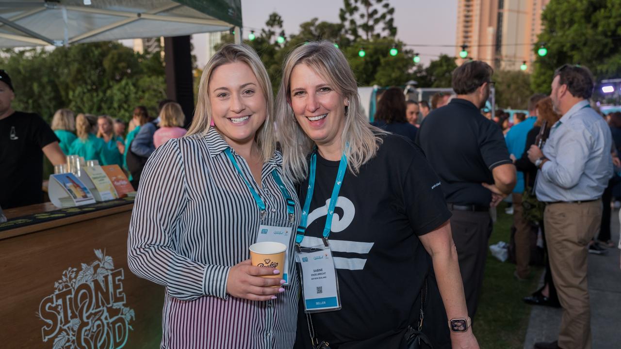 Polly Frisina and Sabine Engelbrecht for The Pulse at the Australian Tourism Exchange at the Gold Coast Convention and Exhibition Centre, May 4 2023. Picture: Steven Grevis