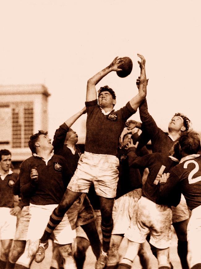 Wallabies Rex Mossop flying high in a line-out playing for Australia in test match at the SCG in Sydney in 1950s.