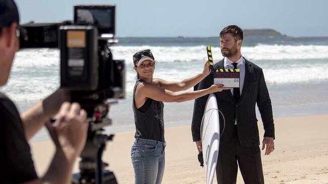 Chris Hemsworth on the set of an ad filmed by Fotomedia at a Northern NSW beach. Photo: Fotomedia