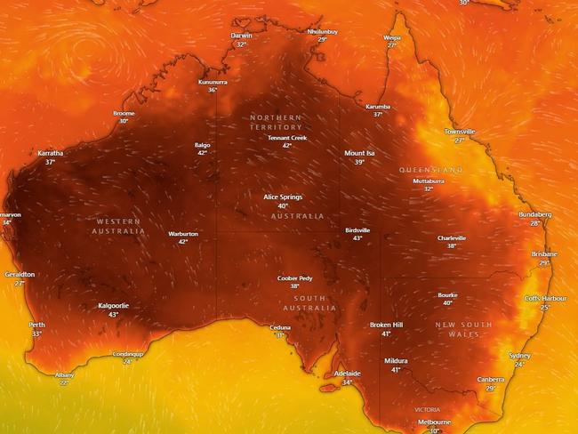 Temperatures are expected to soar across much of Australia this weekend. Picture: Windy.com