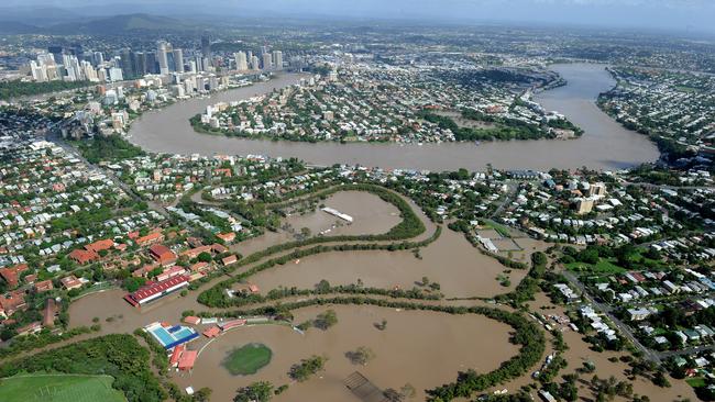 The swollen Brisbane River inundated the inner city suburb of East Brisbane on Thursday, January 13, 2011.