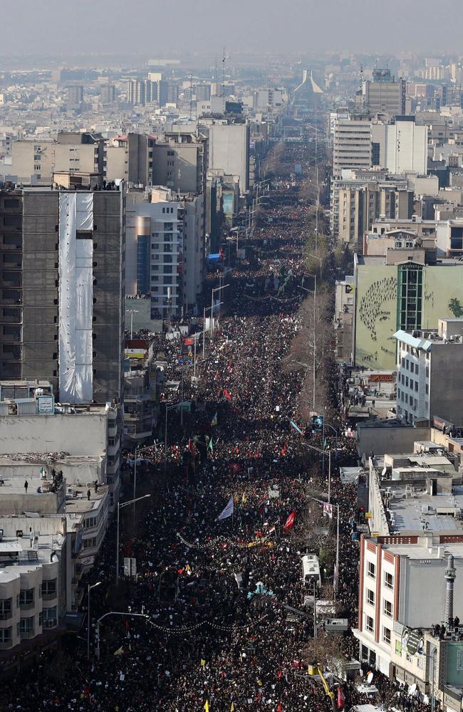 Mourners filled the streets to take part in Soleimani’s funeral procession. Picture: HO / KHAMENEI.IR / AFP