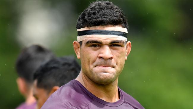 David Fifita is seen during Brisbane Broncos training at Clive Berghofer Field in Brisbane, Tuesday, February 11, 2020. (AAP Image/Darren England) NO ARCHIVING