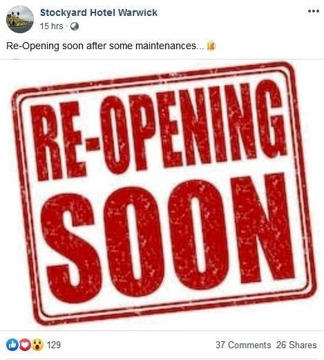 The Stockyard Hotel is reopening in Warwick. Picture: Facebook