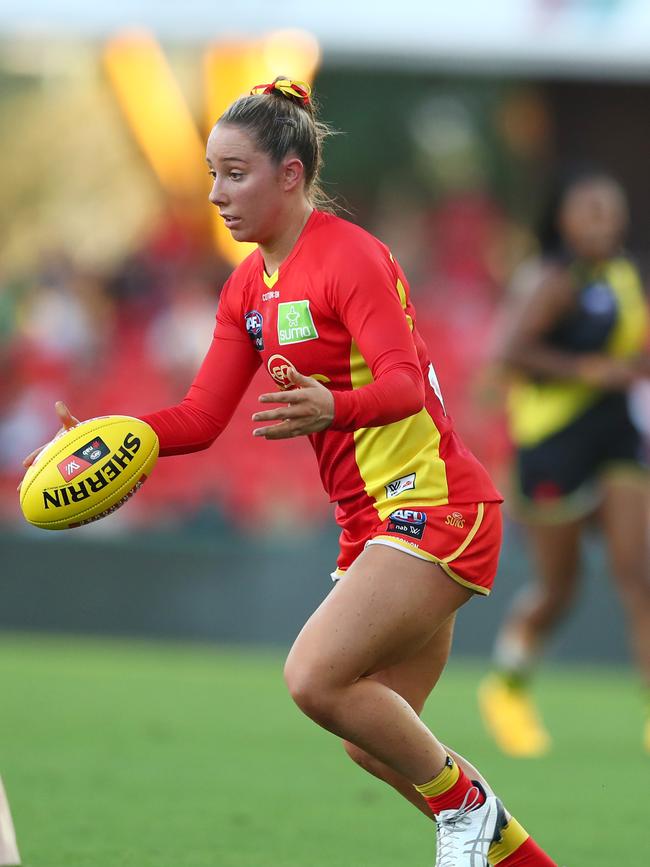 Jacqueline Yorston of the Suns kicks during the round 2 AFLW match between the Gold Coast Suns and the Richmond Tigers at Metricon Stadium on February 15, 2020 in Gold Coast, Australia. (Photo by Chris Hyde/AFL Photos/Getty Images)