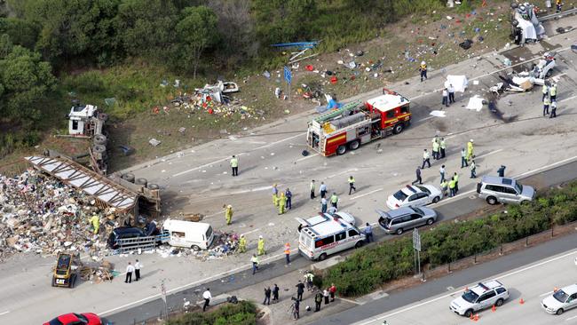 Aerial view of a multiple vehicle crash on the M1 near Yatala on Gold Coast.