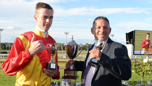 Trainer Tony Sears (right) with jockey James Orman after another his stable’s wins. Photo: Grant Peters, Trackside Photography.