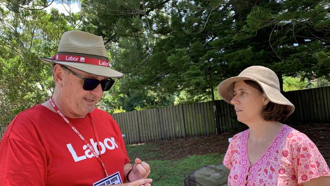 Labor mayoral candidate Andrew Woodward answers questions from local doctor Kelly Hamill.