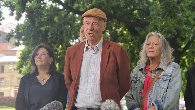 Baptist Minister Tim Costello from the Alliance for Gambling Reform and supporters on Parliament Lawns in Hobart on Wednesday, November 13, 2024.