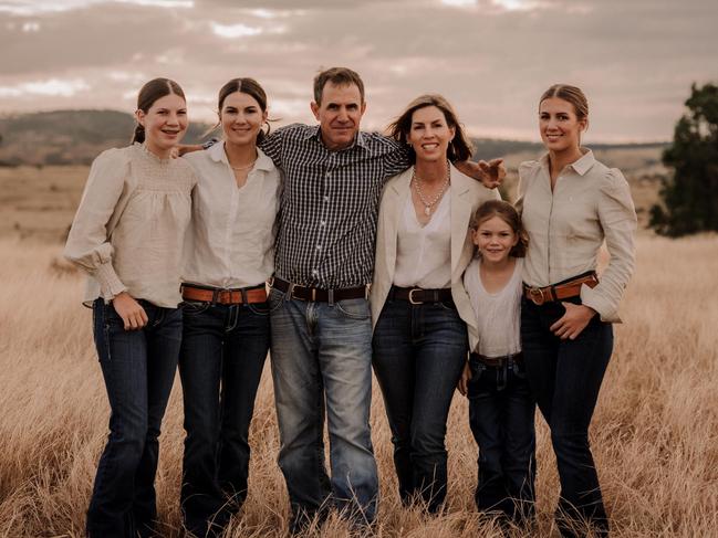 Sarah, Anna, Andrew, Claire, Grace and Eliza Mactaggart on their Central Queensland property, where they run a composite beef herd.