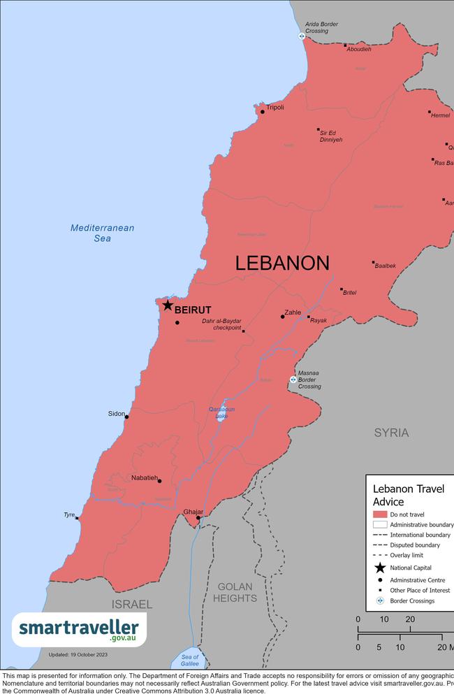 The Australian government has upgraded its travel warnings for Lebanon. Picture: Department of Foreign Affairs and Trade