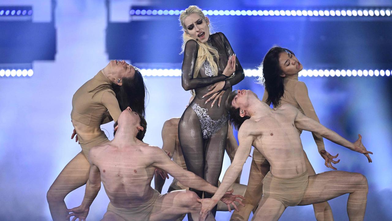 Slovenian singer Raiven, staying just on the right side of Eurovision’s nudity rules. Picture: AFP